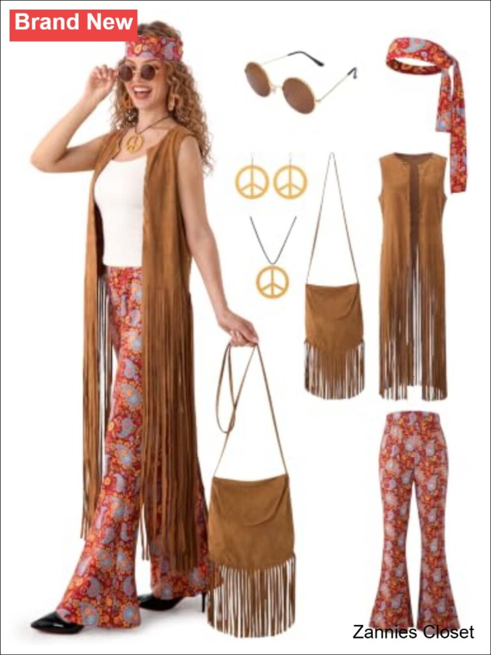 👻 70s Hippie Costume Faux Suede Fringe Vest Flared Pants 7-Piece Set
